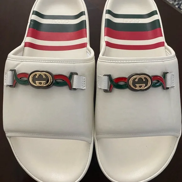 Gucci | Shoes | Gucci White Slides With Red And Green 